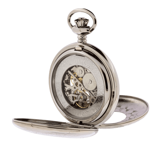 Lommeur herre stål, synleg urverk, opptrekk